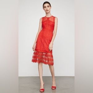 BCBG MAX AZRIA Poppy Red Midi Lace Tier Dress-xxs